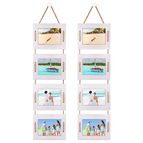 DLQuarts 5x7 Hanging Collage Picture Frames Wall Decor, 4-Opening 5x7 Matted to 3.5x5 Photo Rustic Wood Frame with Hemp Rope, 2 Pack, Vintage White - color: Vintage White, size: 5x7-2 Pack
