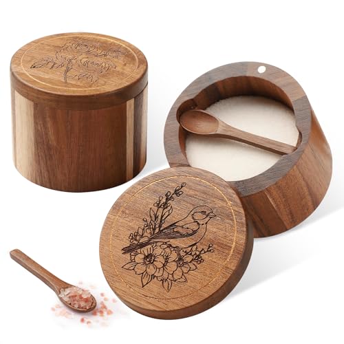 Salt Cellar, 2PCS Salt Container Acacia Wood Salt and Pepper Box for Countertop with Built-in Spoon & Swivel Lid, Wood Salt Holder Bowl for Kitchen, Seasoning Storage (Rose & Bird Engraving) - color: Acacia Wood Rose and Bird Set