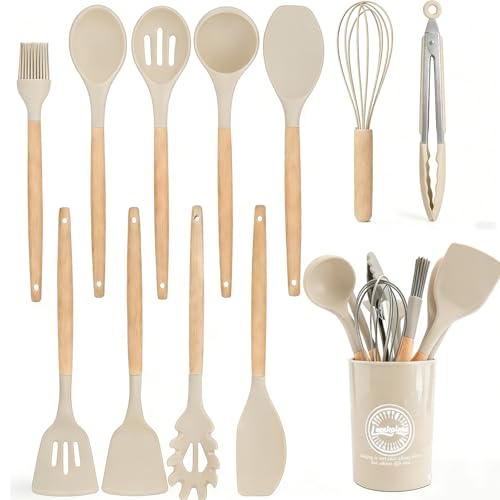 Silicone Cooking Utensil Set,12 PCS Cooking Kitchen Utensils Set, Nonstick Kitchen Utensils 446°F Heat-Resistant Cookware Kitchen Tools of Spoon,Brush,Whisk,Spatula,Turner Tongs (Khaki) - color: Khaki