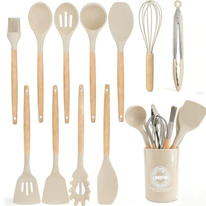 Silicone Cooking Utensil Set,12 PCS Cooking Kitchen Utensils Set, Nonstick Kitchen Utensils 446°F Heat-Resistant Cookware Kitchen Tools of Spoon,Brush,Whisk,Spatula,Turner Tongs (Khaki) - color: Khaki