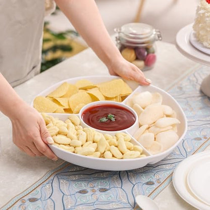 White Chip and Dip Serving Set, Divided Serving Platter Set, 4 Section Appetizers and Cheeses Serving Tray, Compartment Dishes for Party, Christmas, Dessert, Fruit, Candy, 13-inch, Set of 2 - color: White Round Divided Tray