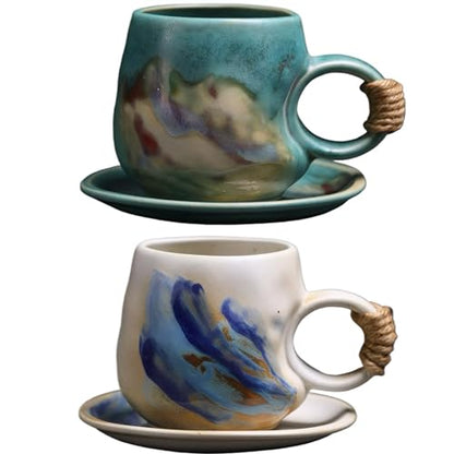 8oz Handmade Ceramic Tea Cup and Saucer set of 2, Small Artisanal Mug with saucer set , Lead-Free Latte Art Mug, Handcrafted Pottery tea mug with handle, Matching and Couple cups (White+Green set ) - color: White+Green( 2 pcs set )