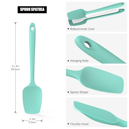 Doosu 16in Kitchen Tong for Cooking - 600°F Heat Resistant Food Tong with Non-Scratch Silicone Tips & 600°F Heat Resistant Silicone Spoon Spatula Set of 3 Cooking Spoons for Stir Mixing (Aqua Sky)