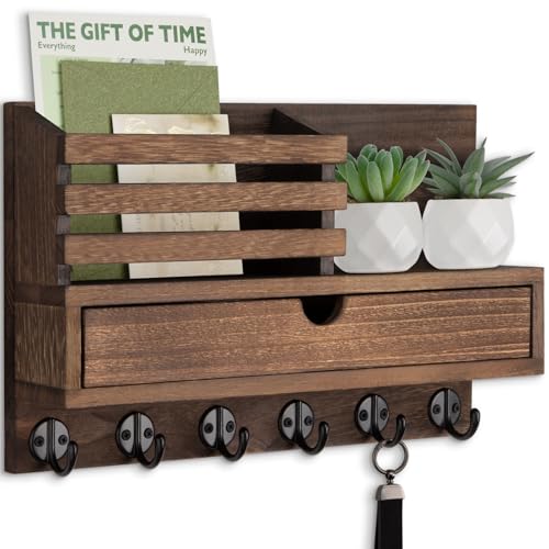 Key Holder Wall Mount, Mail Holder with Storage Drawer and 6 Key Hooks for Coat, Dog Leash, Home Decor Rack, House Accessories, Entry Way Organizer - color: Brown, size: Large - 13.8 Inch
