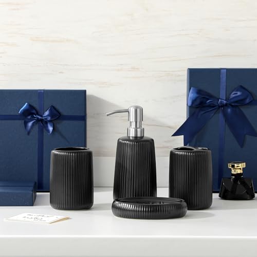 vancasso Ceramic Bathroom Accessories Set 4 Piece, Soap Dispenser with Stainless Steel Pump, Toothbrush Holder, Tumbler and Soap Dish, Modern Relief Design, Bathroom Decor Organizer, Black - style: Black