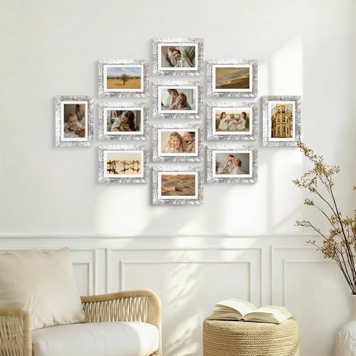 Vittanly 5x7 Picture Frames Set of 12, Wall & Tabletop, Distressed White | Display Pictures 4x6 with Mat or 5x7 without Mat, Small Photo Frames, Engineered Wood with Shatter Resistant Plexiglass - color: Distressed White, size: 5x7