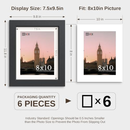 VCK 8x10 Picture Frame - 6 Pack, Black Wide Border Wood 10x8 Photo Frames, Multi-Directional Display Family Photos, Office Prints, Studio/Gallery, Tabletop & Wall Hanging - color: Black, size: 8 x 10