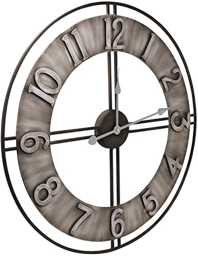 Sorbus Large Wall Clock, 24" Decorative for Kitchen, Bedrooms, Office, Analog Modern Farmhouse Style. Silent, Round Chunky Number, Home Decor, Quartz Battery Operated, Gray Metal