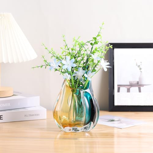 Hand Blown Glass Vase, Medium Wide Mouth Flower Vase Unique Modern Turquoise Glass Art Decor, Nonbreakable Vases for Table Centerpieces Living Room Decorative Amber and Teal Vase - size: Small