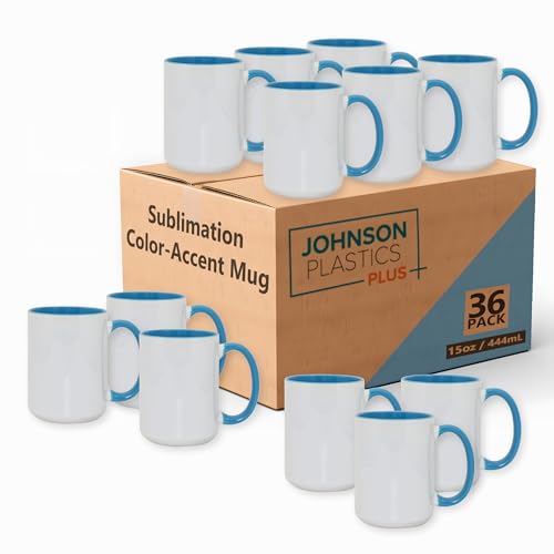 JPPlus 15oz Sublimation Mugs with Colored Handles & Interiors | Tazas para Sublimar, Bulk Mugs for Custom Designs & Branding | White Mugs Set of 12 or Case of 36- Light Blue (36) - color: Light Blue