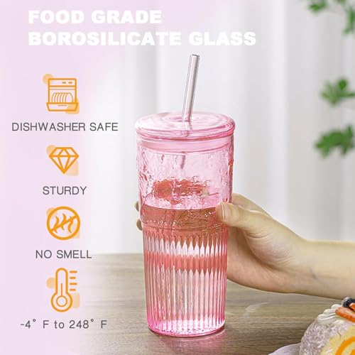 JunVpic Glass Coffee Tumbler, 20 oz Glass Cup with Lid and Straw | Pink glass design, Hammered Texture, reusable straw and lid for iced coffee, tea, smoothies and hot & cold drink - color: Pink, size: 20oz