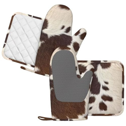Cow Print Oven Mitts and Pot Holders Set Silicone Heat Resistant Brown Cowhide Western Farmhouse Kitchen Gloves Set Cow Print Kitchen Mittens Pot Holders for BBQ Cooking Baking Grilling - color: Brown