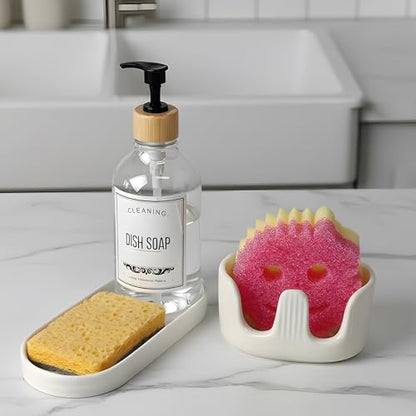 Ceramic Double Sponge Holder with Soap Tray, 2-Slot Countertop Sink Organizer, Modern White Kitchen Sponge & Dish Soap Holder, Rust-Free, Easy to Clean, Decorative Sink Caddy Set - size: Dual-Set