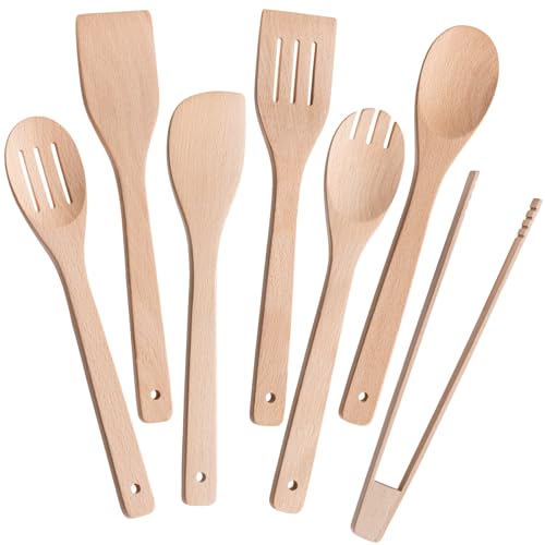 Eisinly Wooden Spoons for Cooking 7-Piece, Kitchen Nonstick Wood Cooking Utensils Set, Durability Wooden Spatula Spoon for Everyday Use, Light Yellow - color: Yellow-Wood, style: Square-edge