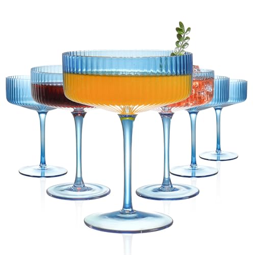 6 Pcs Ribbed Coupe Glasses, 10 oz Blue Martini Glasses Set, Cute Espresso Martini Glass & Champagne Coupe Glass, Elegant Bar Glassware for Cocktails, Wine, Outdoor Entertaining & Gifts - color: Blue, size: Martini
