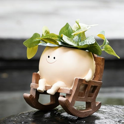 Smiley Face Planter Pot, Cute Resin Flower Head Planters for Indoor Outdoor, Unique Rocking Chair Plant Pot for Succulents Plants Live with Drainage Hole, Gift IdeaI for Mother Christmas (Small)