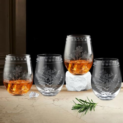 Joeyan Hand Blown Etched Stemless Wine Glasses,Carved Red and White Wine Tumbler with Floral Pattern,Clear Drinking Glass Cups,Glassware for Birthday Party Anniversary,19 oz,Set of 4,Dishwasher Safe - color: Wine Glasses