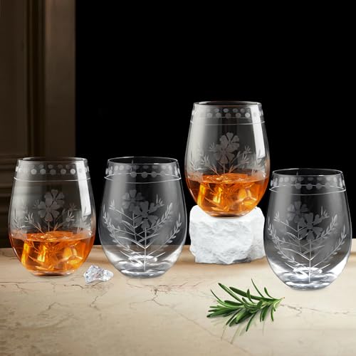 Joeyan Hand Blown Etched Stemless Wine Glasses,Carved Red and White Wine Tumbler with Floral Pattern,Clear Drinking Glass Cups,Glassware for Birthday Party Anniversary,19 oz,Set of 4,Dishwasher Safe - color: Wine Glasses