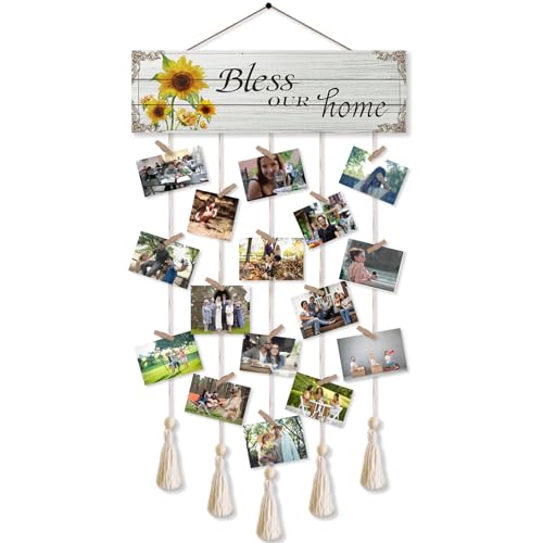 Bless Our Home Family Photo Hanging Display Board with 16 Clips, Rustic Wood Picture Collage Frame with Tassels Farmhouse Wall Decor - color: Bless Our Home