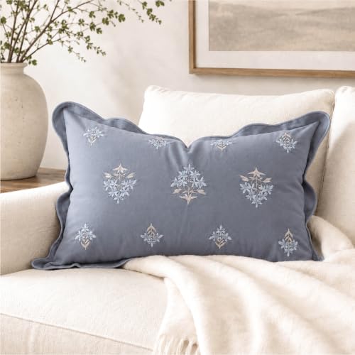 BlissBlush Lumbar Pillow Cover 12x20, Coastal Blue Velvet Decorative Lumbar Pillow Cover, Dusty Blue Floral Accent Cushion Cover with Embroidery and Scalloped Edge for Couch Sofa Bed, Cover ONLY - color: Dusty Blue, size: 20" x 12" (Pack of 1)