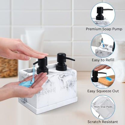 Kitchen Soap Dispenser Set,with Liquid Hand and Dish Soap,Sponge Holder and Brush Holder 4-in-1 Dual Soap Dispenser Set for Kitchen Sink, Bathroom - Artificial White Marble Look - color: 4 in 1 - White Marble Look
