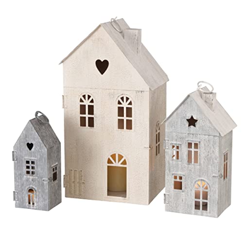 Main Street Town House Candle Lanterns, Set of 3, Ivory and Grey | Vintage Style, Heart and Star Details, Metal, Gabled Roof-tops, 6.25, 8.25 and 12.5 Inches Tall - color: Tonal Ivory and Grey