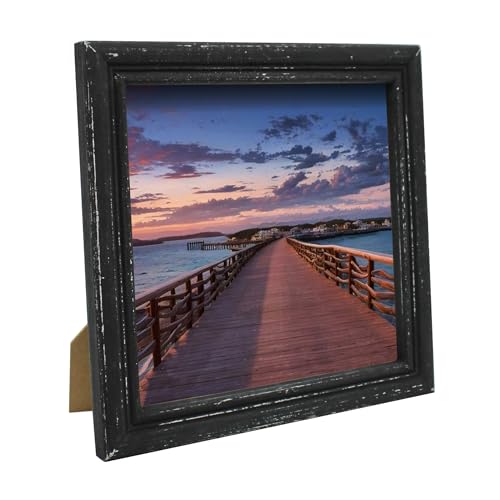 8x8 Picture Frame Made of Solid Wood High Definition Glass Rustic Antique Designs Small Photo Frame for Tabletop Display and Wall Mounting, Distress Black - color: Distress Black B, size: 8" X 8"