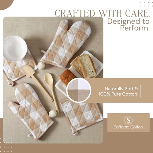 Buffalo Plaid Check Oven Mitts and Pot Holders Set, 100% Cotton, Heat Resistant, Includes 2 Oven Gloves (7x13 Inches) and 2 Hot Pads (8x8 Inches) for Cooking and Baking, Beige White - color: Beige, Buffalo Plaid