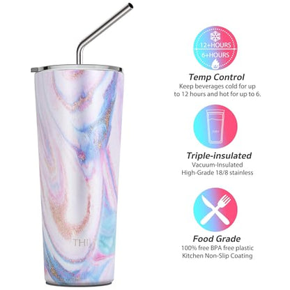 THILY Tumbler Stainless Steel Coffee Cup 26 oz Triple-Insulated Travel Mug with Splash-Proof Lid, for Ice Drinks and Hot Beverage Smoothies Cup, Pink Ripple - color: Pink Ripple, size: 26 Ounce (Pack of 1)