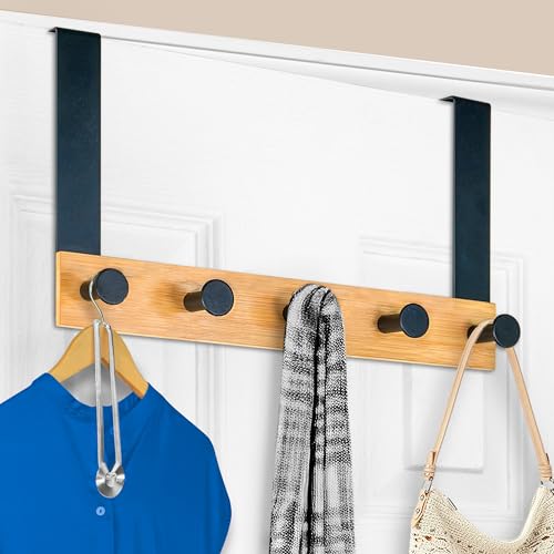 LYNK PROFESSIONAL® HOME™ Over Door Hooks Rack - 5 Hook Over Door Hanger - Over Door Towel Rack - Hanging Towels or Clothes - For Bathroom, Bedroom or Laundry Room – Lifetime Ltd. Warranty - Black/Wood - color: Black Knob