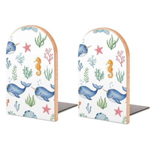 2 Pcs Wood Book Ends for Shelves Bookends Holders with Metal Base | Watercolor Whales Sea Horse Crabs Colorful Starfish Conch Coral, Decorative Books Stopper Book Stand, Non-Slip and Heavy Duty - color: Style(501)