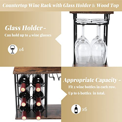 MOOACE Countertop Wine Rack, Wine Bottle Rack with Glass Holder | Freestanding, Holds 6 Bottles and 4 Glasses, For Home Bar Tabletop Kitchen Cabinet, Wood & Metal