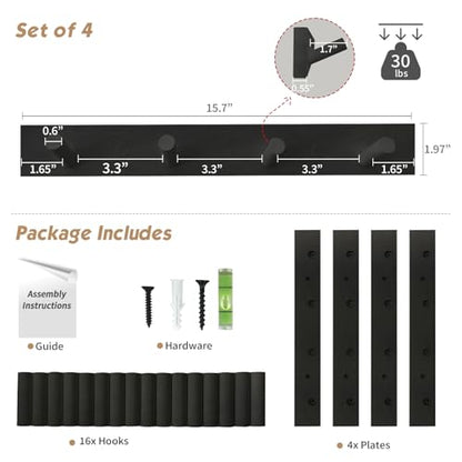 Forbena Black Coat Rack Wall Mount 4-Pack, Rustic Farmhouse Coat Hooks for Wall, Vertical Hanging Hat Rack for Office, Bedroom, Closet, Small Spaces, Kids Room Clothes, Entryway Shoes - 16 Pegs - color: Bamboo Black
