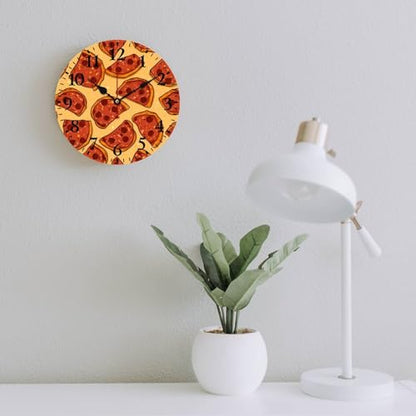 Wall Clocks Pepperoni Cheese Pizza Round Rustic Wood Wall Clock Silent Non-Ticking Quartz Battery Operated Italian Food Wall Clock 12 Inch Home Office School Wooden Wall Clock Art Hanging Clocks - color: Pattern-2, size: 12 Inch