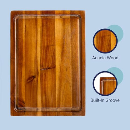 happimess Eldridge Small 14" x 10" Acacia Cutting Board, Brown | Handcrafted, 1 Inch Thick, Reversible Design, Juice Grooves, Authentic Wood Grain, Rectangular, Farmhouse Style - color: Brown, size: 14"L x 10"W