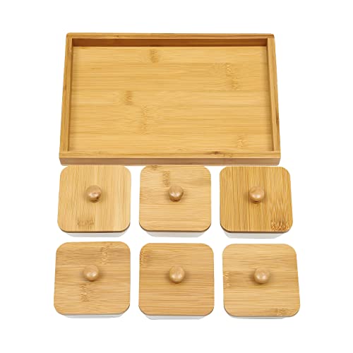 Ceramic Divided Serving Dishes with Bamboo Platter, 6 Piece Ceramic Snack Serving Tray&Fruit Tray, Platter Fruit Candies Condiments Food Bowls, with Wooden Serving Tray and Lids, for serving fries