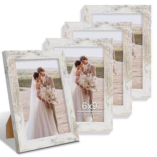 Hongkee 6x9 Picture Frame Set of 4, Made of Real Glass and Distressed White Wooden Frame - 6 by 9 Photo for Wall or Tabletop Display - color: Distressed White, size: 6x9 in