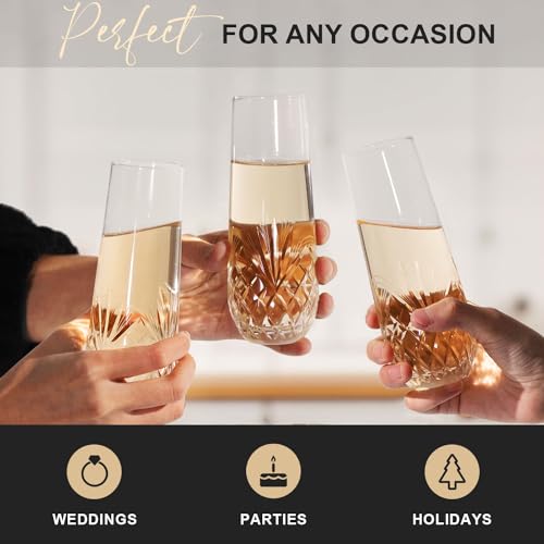 SHOSHIN Hand-Cut Crystal Stemless Champagne Flutes – Perfect for Parties, Weddings, and Celebrations – Elegant Set of 8 Champagne Glasses, 9.5 oz - color: Agave set of 8