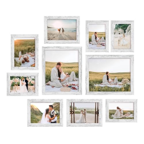 iRahmen Collage Picture Frames Set of 10, Wall Decor for Mounting or Tabletop Display, Family Photo Gallery Frame Set - Multi Sizes Including Two 8x10, Four 5x7, Four 4x6, HD Glass, Rustic Wood - color: Distressed White
