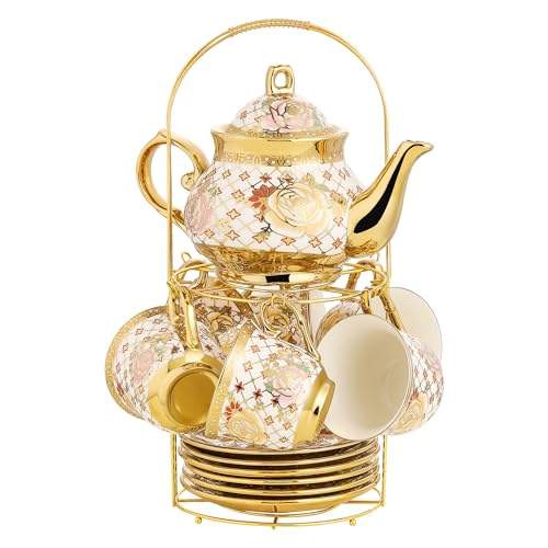 20 Pieces Porcelain Tea Set With Metal Holder, European Ceramic tea set for adults,Flower Tea Set,Tea Set For Women With Flower Painting - color: Golden