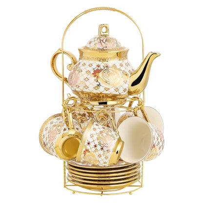 20 Pieces Porcelain Tea Set With Metal Holder, European Ceramic tea set for adults,Flower Tea Set,Tea Set For Women With Flower Painting - color: Golden