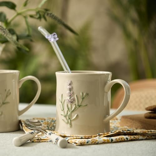 Artisanal Handcrafted Ceramic Mug with Sage Botanical Design - 10oz Off-White Stoneware Coffee Cup, Elegant Purple Sage Pattern, Dishwasher Safe, Comfort Grip Handle for Daily Use - color: Sage-1 Pack