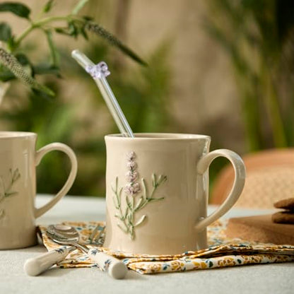 Artisanal Handcrafted Ceramic Mug with Sage Botanical Design - 10oz Off-White Stoneware Coffee Cup, Elegant Purple Sage Pattern, Dishwasher Safe, Comfort Grip Handle for Daily Use-4pack - color: Sage-4 Pack