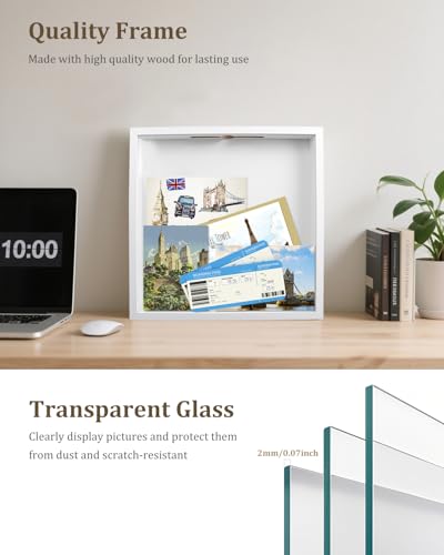 Adventure Archive Box, 12 x 12 Inch Travel Box for Memories, Travel Shadow Box Frame with Slot, Adventure Box, Keepsake Display Case, Perfect for Travel Memento Display Case Travel Decor Gift (White) - size: 12×12-white