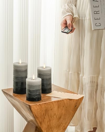 Stmarry Distressed Gradient Gray Flameless Candles with Remote and Timer, Real Wax Made LED Pillar Candles Battery Operated with 3D Flickering Flame - 3" x 4",5",6" - Set of 3 - color: Gradient Gray
