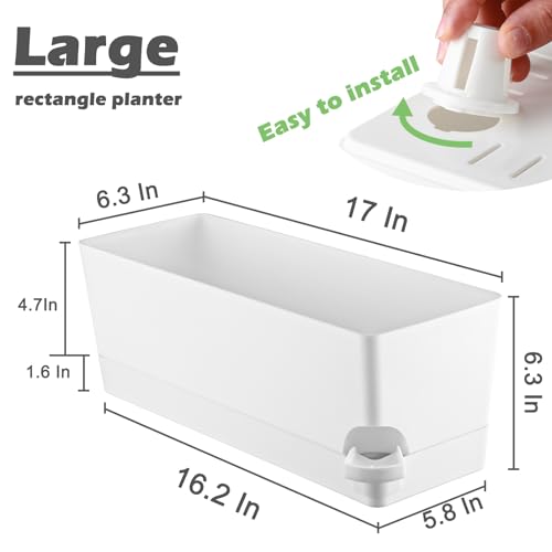 2 Pack Self Watering Pots for Indoor Plants 17 Inches Window Boxes Planters Rectangular Flower Pots Rectangle Herb Pots Large Plant Pots with Drainage Holes and Saucers Windowsill Planter, White - color: White