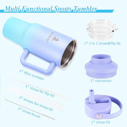 40 oz Tumbler with Handle and Straw or Convert to 40 oz Insulated Water Bottle Fits in Cup Holder. Stainless Steel Metal Water Flask with 2 Lids for Travel,Camping,Gym Sports Coffee Mug Thermal Cup - color: LakeBlue