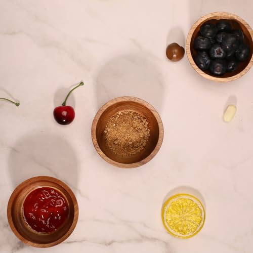 Acacia Wooden Bowls Set, Small Pinch Bowls for Sauces/Dips/Condiments, Mini Serving Bowls for Snacks/Appetizers/Side Dishes/Charcuterie Board, 3 oz Wooden Ramekins, Handmade Reusable, 4 pcs - size: D 3.15'' x H 1.57''