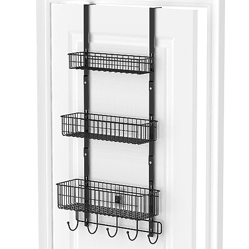 YBING Over The Door Organizer, 3 Tier Back Door Hanger Baskets with Hook | Behind Door Hanging Towel Storage Shelf, with 5 Metal Hooks, Door Pantry Organizer, Space-Saving, For Bedroom Bathroom, Black - color: Black