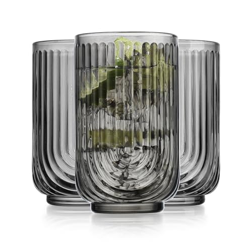 Glaver's Vintage Glassware - Art Deco Ribbed Drinking Glasses, U-Shape Arch Design Colored Cocktail Decorative Party Everyday Kitchen Tumblers, Hand Wash Only (Smoke S/4 17oz) - style: Smoke S/4 17oz